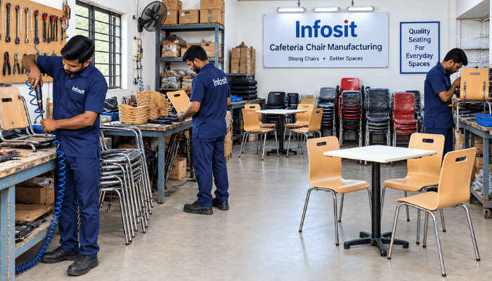 Infosit team assembling cafeteria chairs inside the 3,000 sq. ft. Peenya workshop